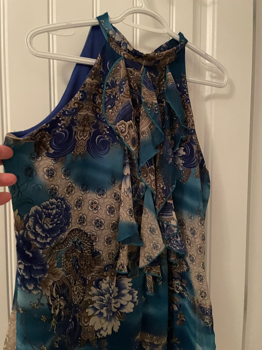 Suzy Shier Sleeveless Teal Floral Ruffle Halter Top
